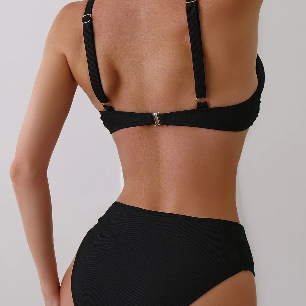 Women's solid colour rib fabric two-piece bikini set on a white background.