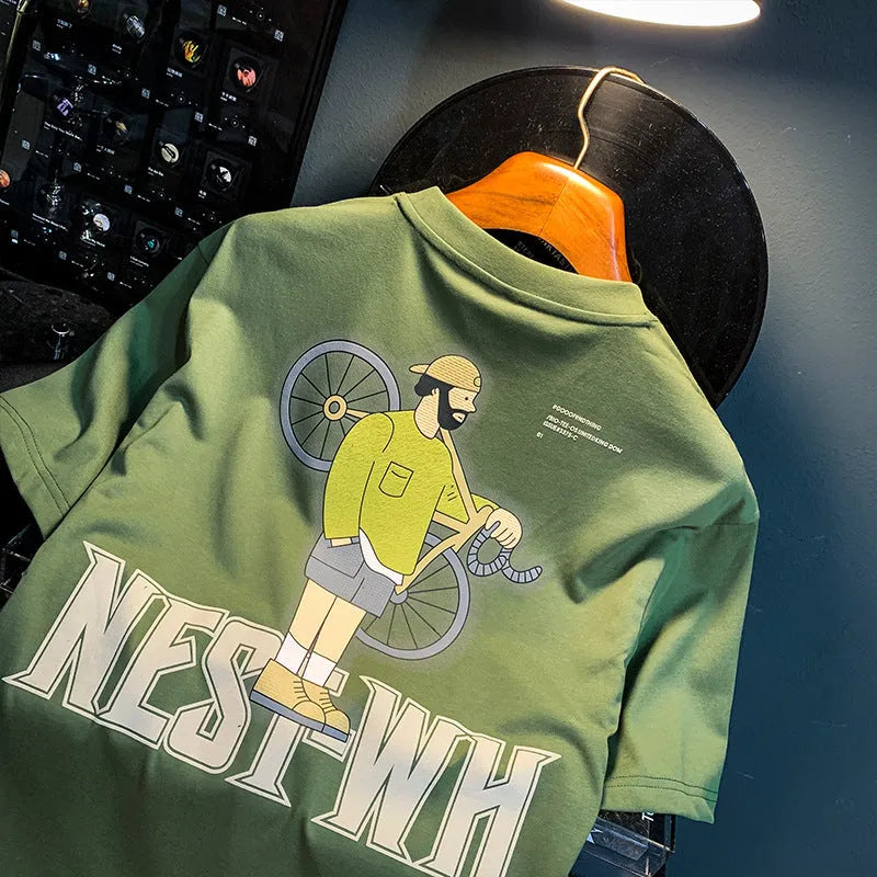 Green men's loose fit T-shirt with a literary print design on the front.