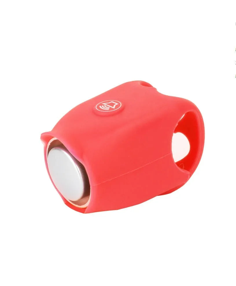 Bicycle electronic horn with plastic casing in multiple colours including black, green, purple on bicycle handlebars
