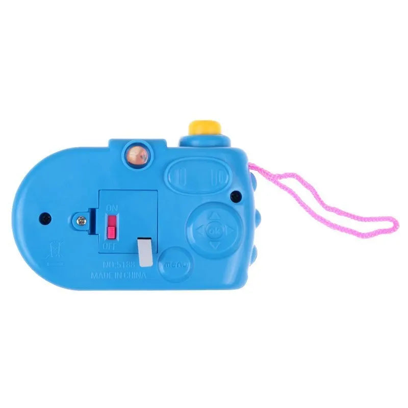 Blue and pink kids projection camera toy showing animal images with sliding lens
