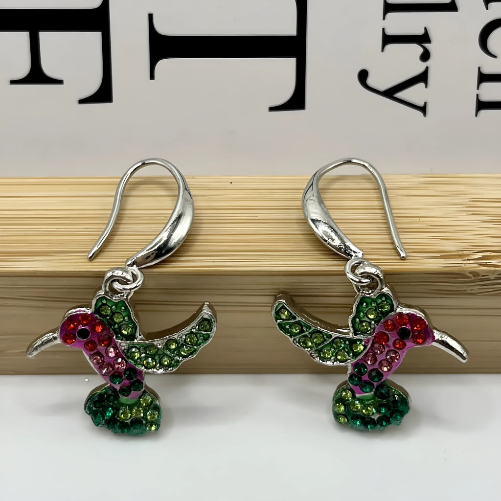 European retro colorful hummingbird shape alloy earrings with electroplated finish for women