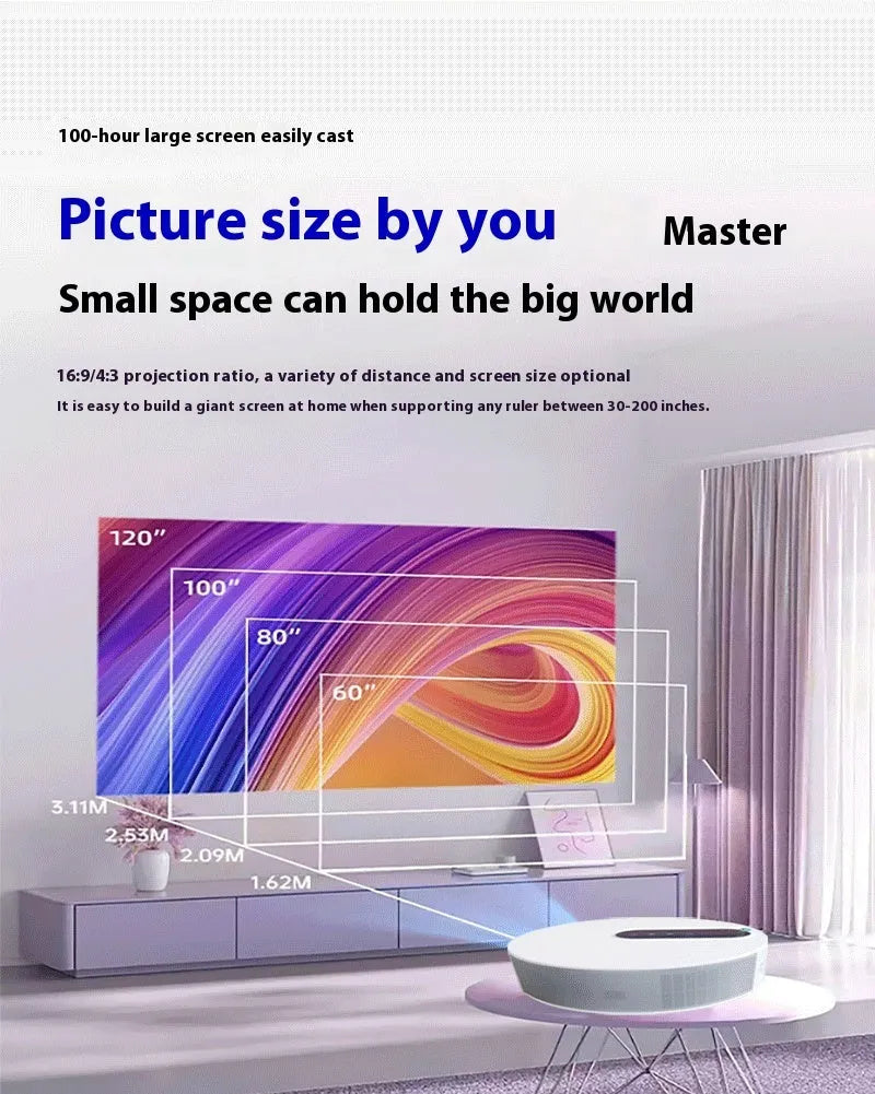 White 720p HD home theatre projector with remote control on wooden surface