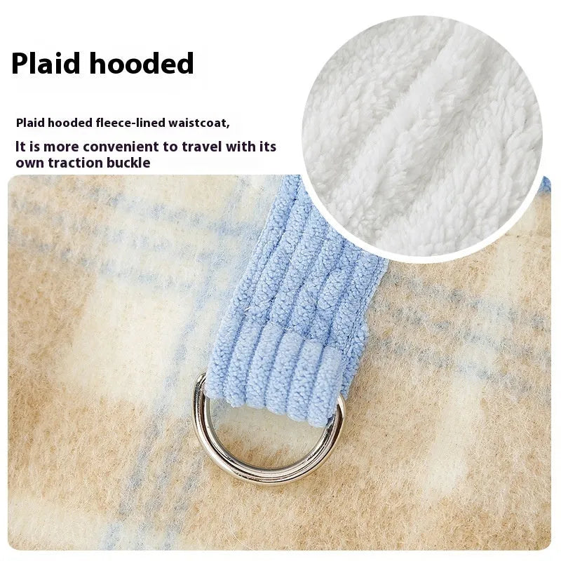 Chessboard grid pattern hooded corduroy dog traction vest in blue or yellow