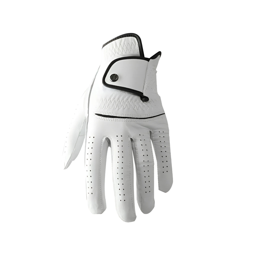 Men's white half sheepskin golf glove showing non-slip palm and casual design.