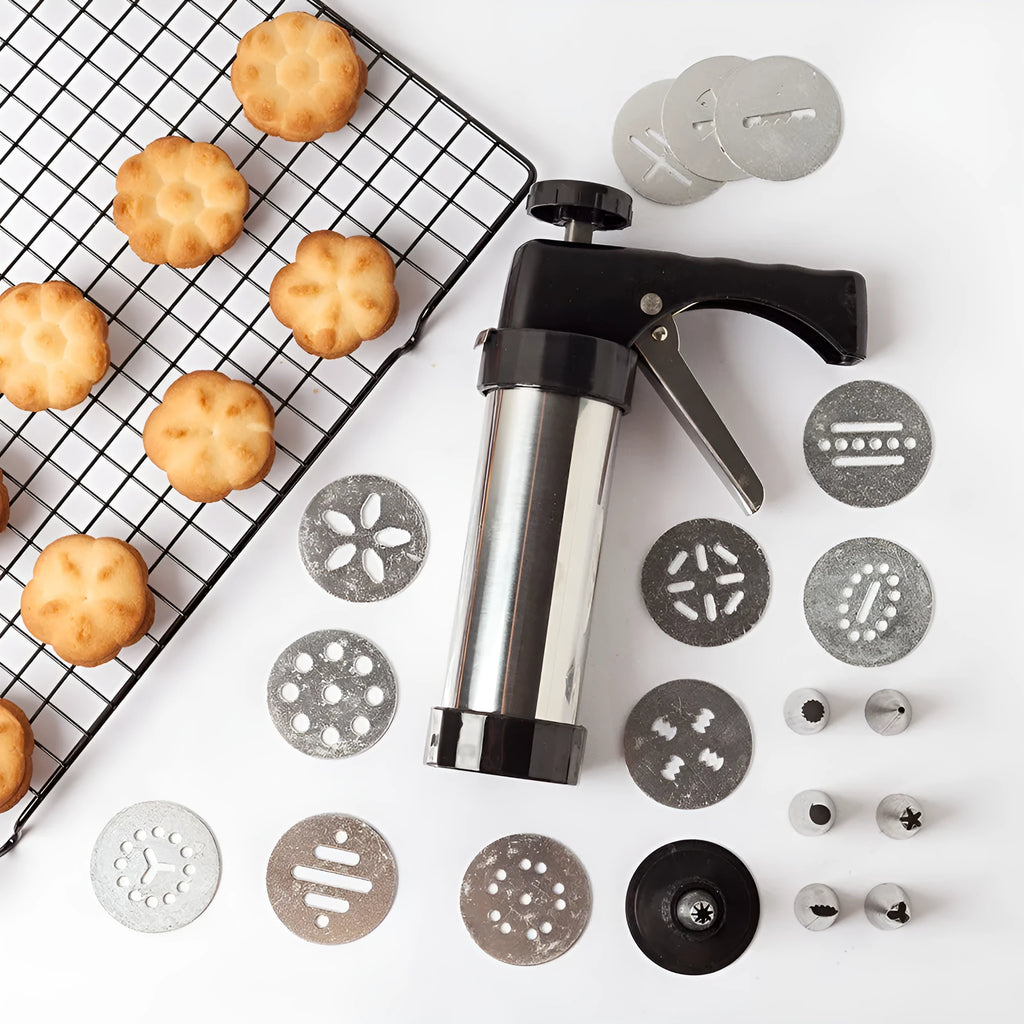 Stainless steel biscuit press cookie machine with 13 mould discs and 8 icing nozzles for home baking