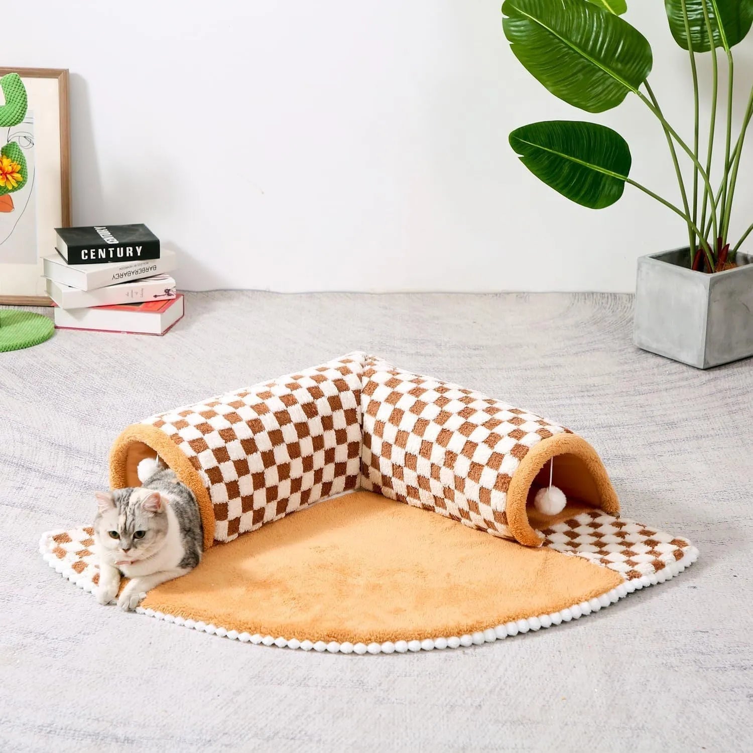 XL coffee and yellow plush 2-in-1 pet bed with a sleeping mat and attached tunnel, showing anti-slip base.