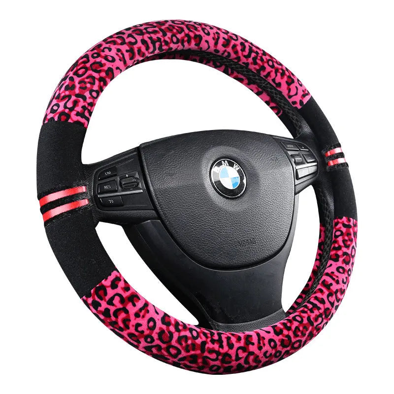 Plush car steering wheel cover with leopard grain pattern in beige, for GM models, 38cm diameter