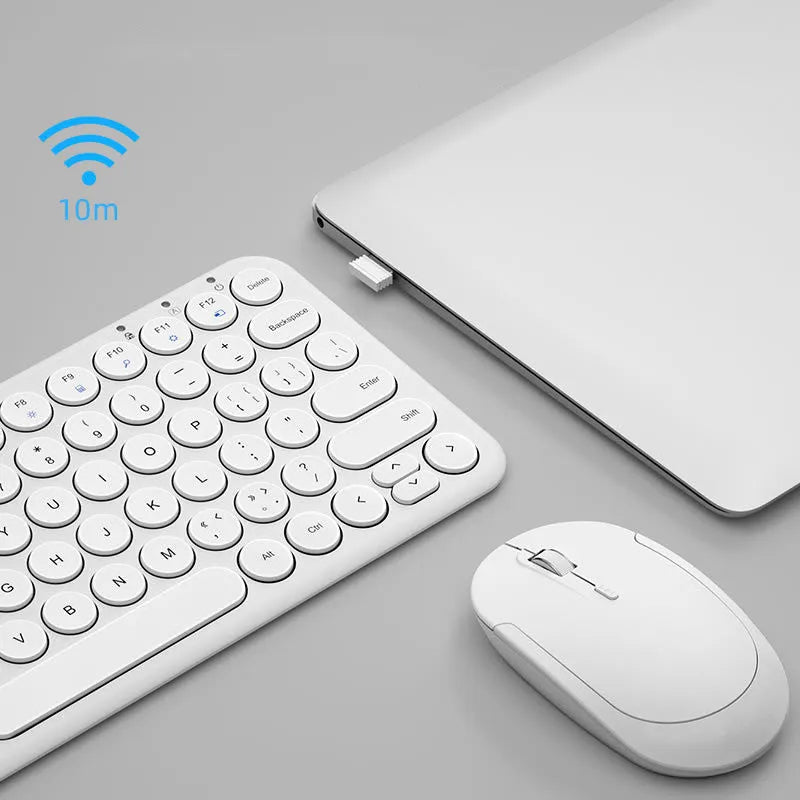 White ultra-thin wireless keyboard and mouse set with USB receiver and clear protective keypad film on a wooden desk