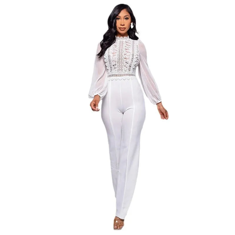 Women's high-waisted straight-leg jumpsuit with high neck, lace detail, and long puff sleeves in black, white, and red