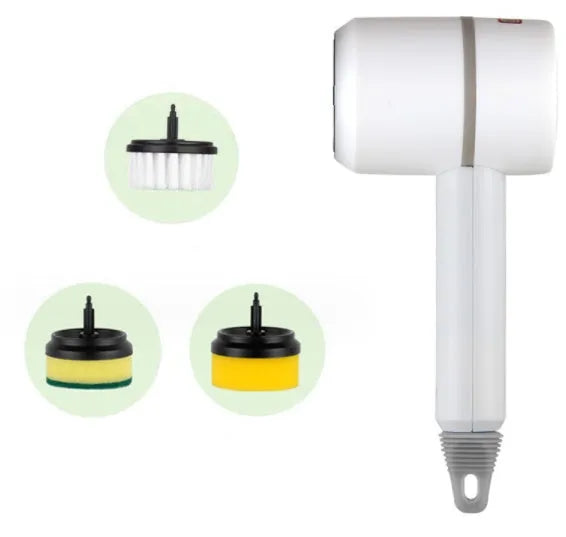 Green electric cleaning brush with three interchangeable scouring pad, brush, and sponge heads on a white background.