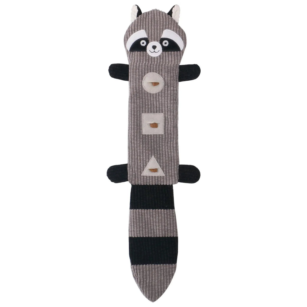 Plush dog chew toy shaped like a fox with squeaker and treat pockets, 47cm long