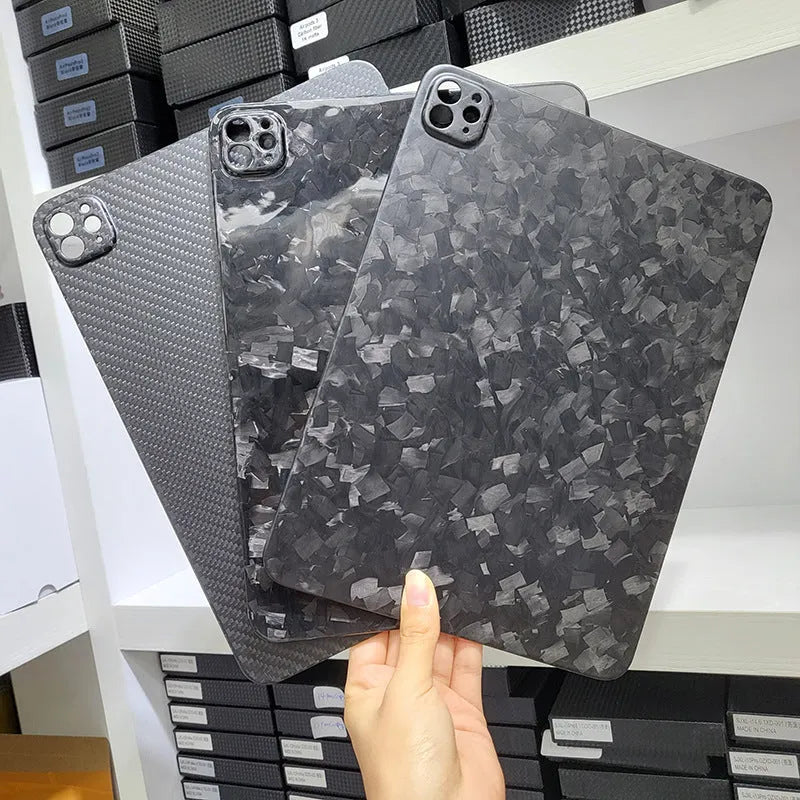 Real carbon fibre hard protective case for Apple iPad Pro 11 inch with embossed plaid design.