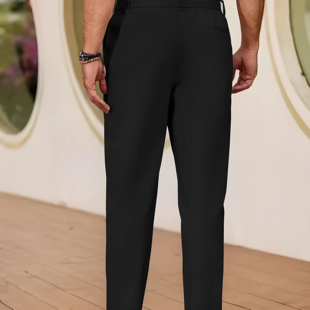 Men's casual straight leg drawstring pants in polyester with slight stretch, full length, low waist, spring trousers