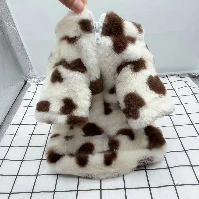 Pink polyester plush warm coat for small dog on white background showing British styling