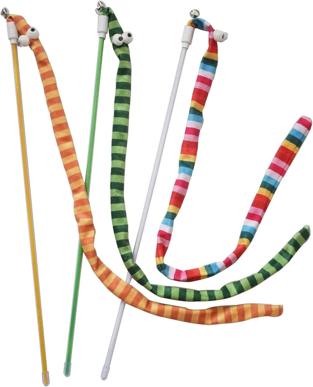 Cat wand teaser toy with polycarbonate handle and long plush strip in multiple colour options