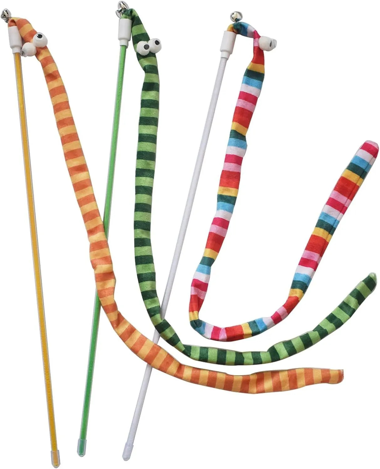 Cat wand teaser toy with polycarbonate handle and long plush strip in multiple colour options