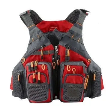 Blue men's fishing life vest with 11 pockets, detachable flotation, and adjustable straps on a white background