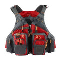 Blue men's fishing life vest with 11 pockets, detachable flotation, and adjustable straps on a white background