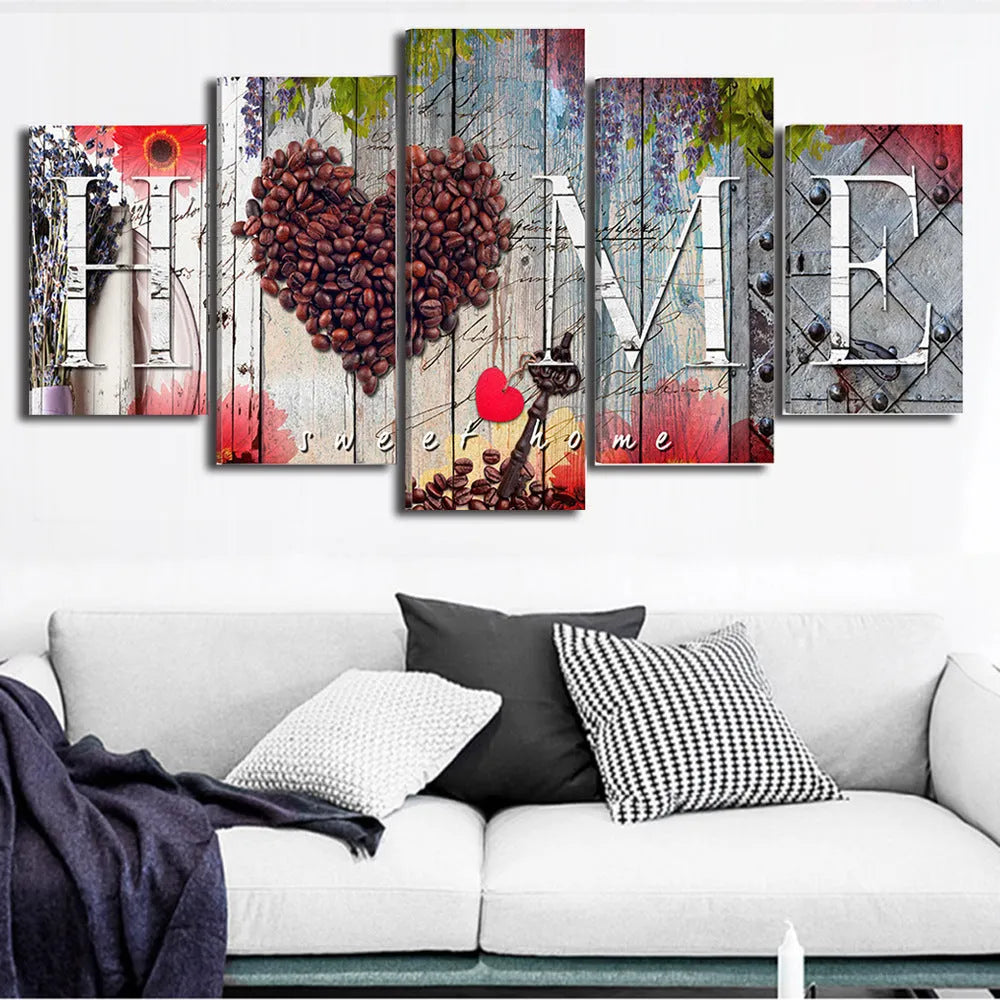 Set of red unframed oil painting decoration boards in graduated sizes arranged on a wall.