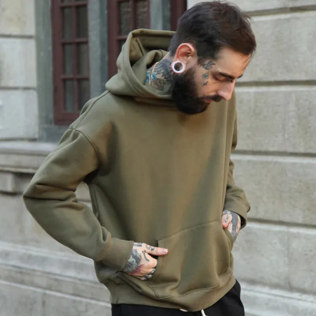 Cotton hoodie with lapel collar in Army Green, size M, front view on a white background