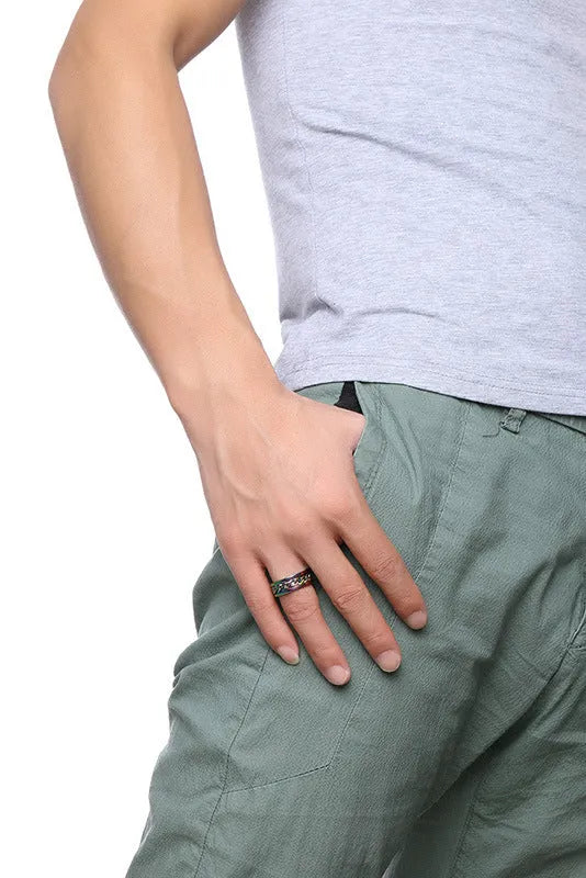 Silver stainless steel rotating ring for men with geometric shape on white background
