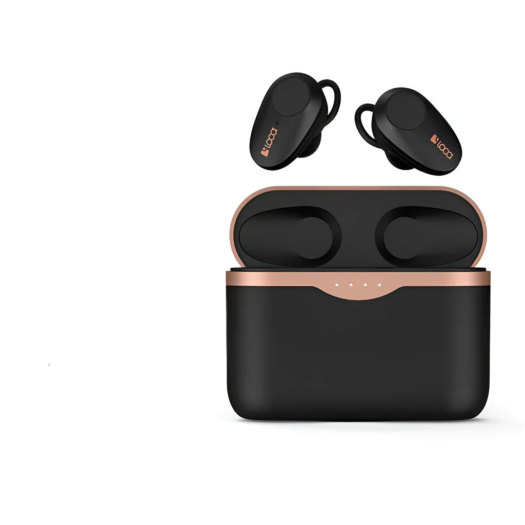 Black wireless Bluetooth headset with earbuds and charging stand featuring ANC noise reduction