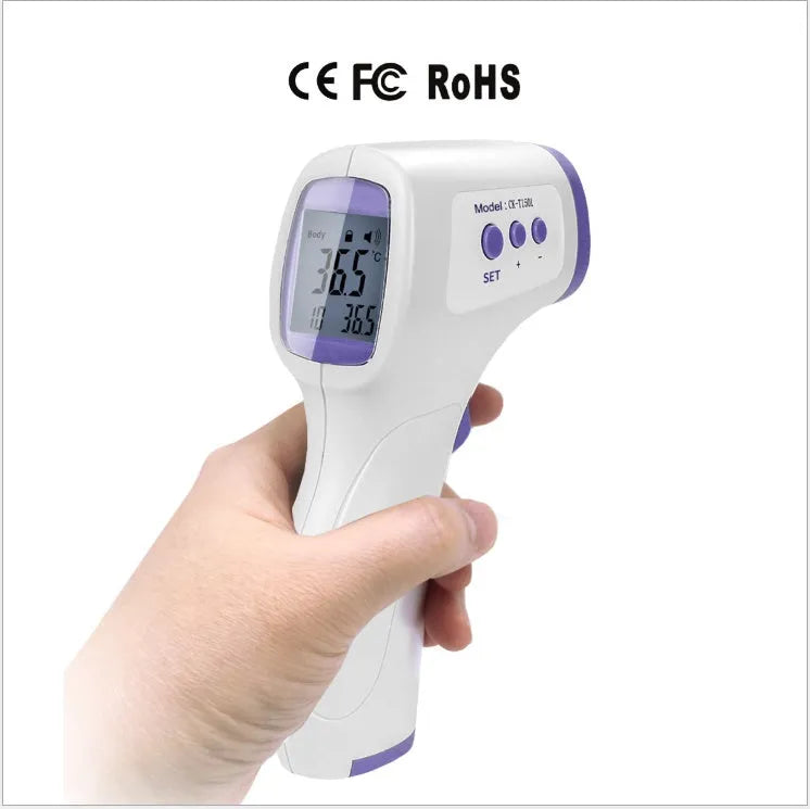 White non-contact infrared forehead thermometer RAK-FI03 on a plain background showing the sensor and display
