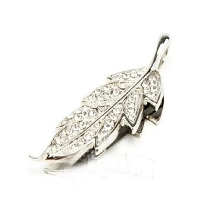 Silver metal leaf crystal design USB flash drive on white background showing dimensions