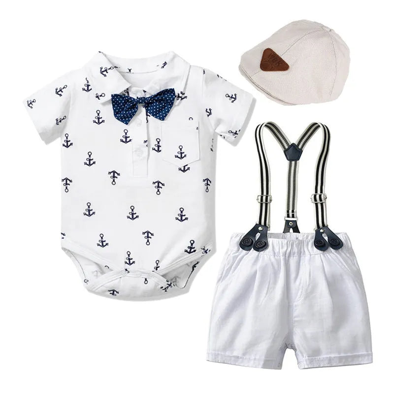 Baby boy cotton romper with triangle climbing design in blue or white colours