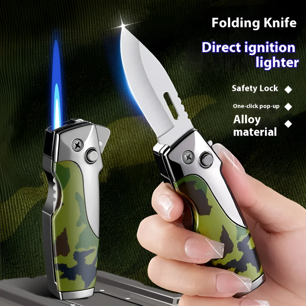 Zinc alloy metal folding lighter with straight jet flame and integrated knife in multiple finish options