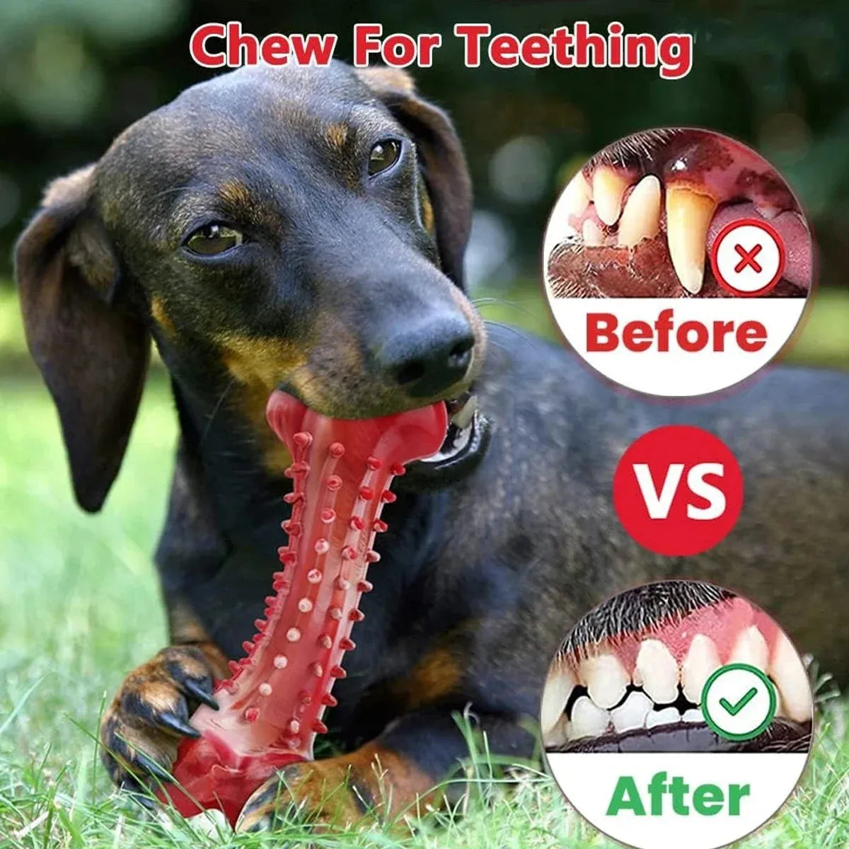 Red natural rubber chew toy for aggressive dogs measuring 12cm long