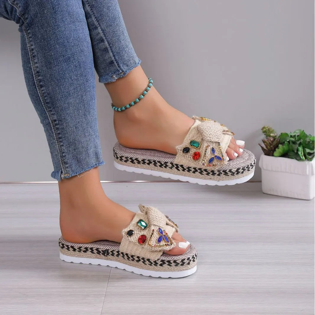Creamy-white women's cloth platform sandals with a beach bow and round toe holder.
