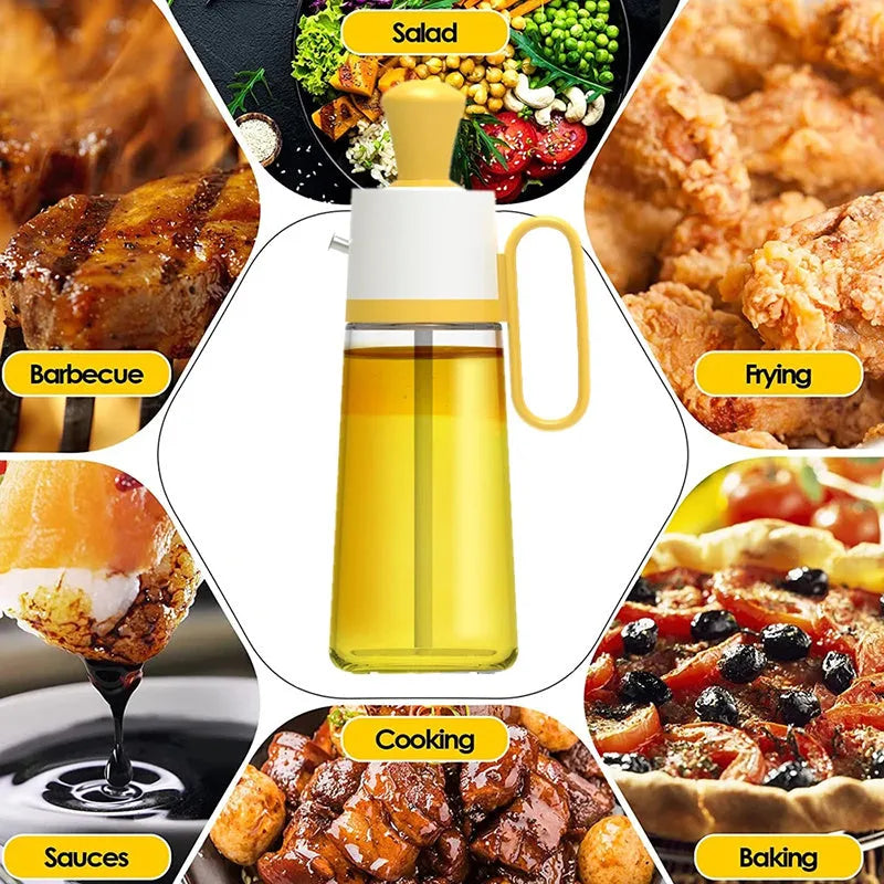 Yellow 2 in 1 oil dispenser with silicone brush next to glass bottle