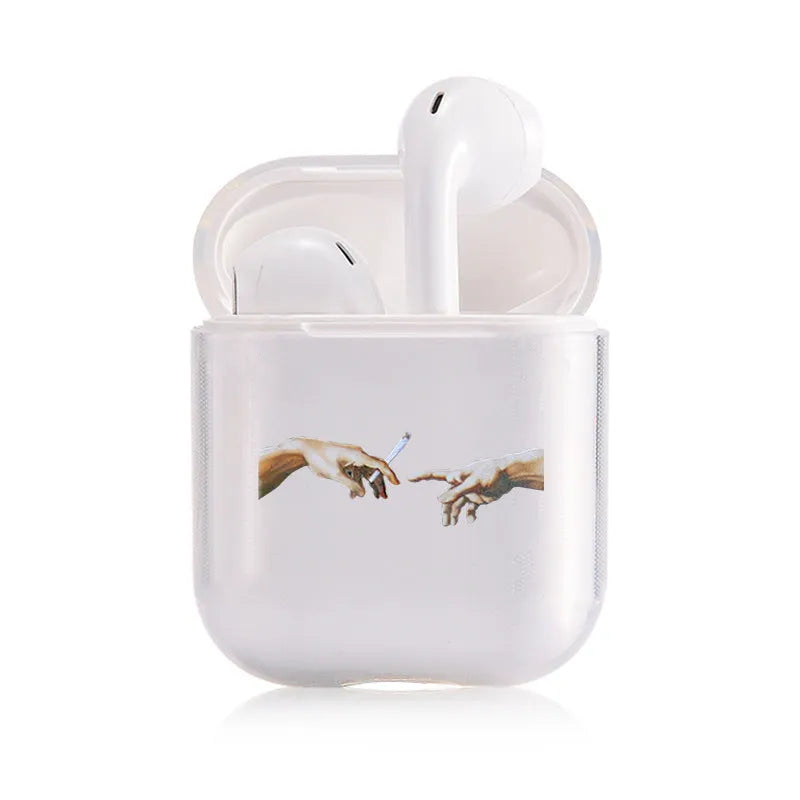 Transparent plastic AirPods protective cover showing compatibility with Apple AirPods and AirPods Pro cases