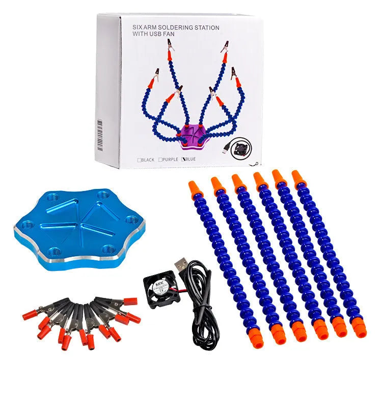 Black aluminium six-claw welding station with multiple adjustable arms for model repair soldering.