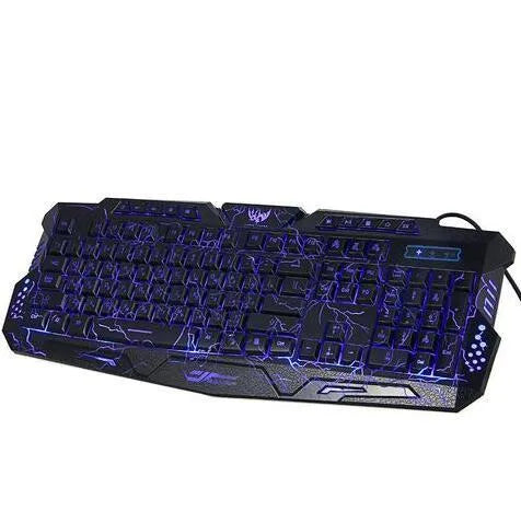 Black 3-colour LED backlit gaming keyboard with ergonomic S-shaped design and adjustable stand on desk