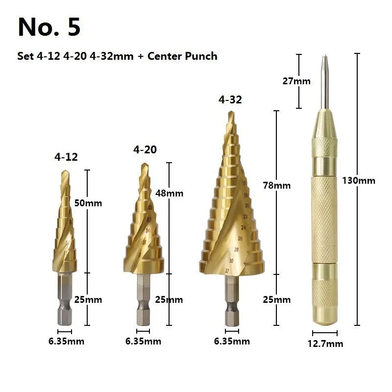 HSS steel cone drill bit and centre punch set for metalworking with step drill design