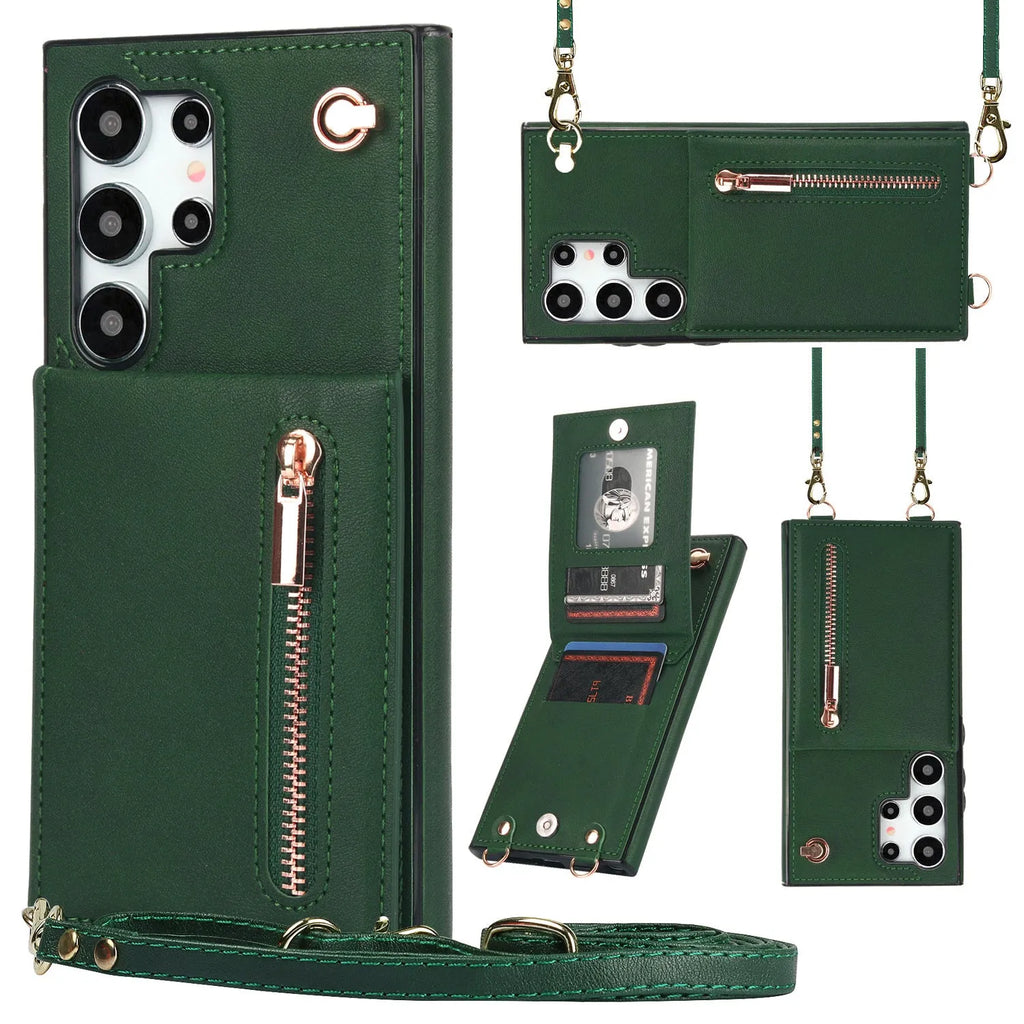 Samsung phone case with card slots and crossbody zipper bracket in Japanese Korean style