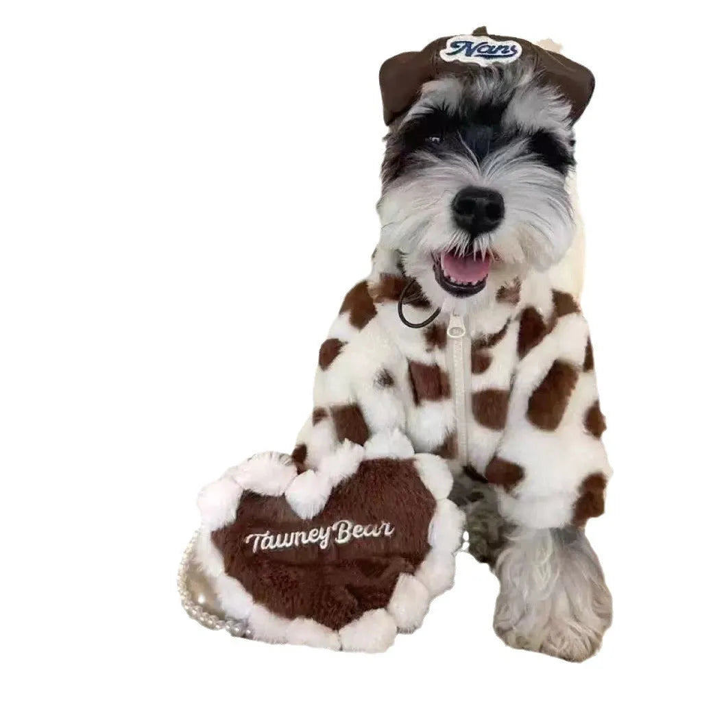 Pink polyester plush warm coat for small dog on white background showing British styling