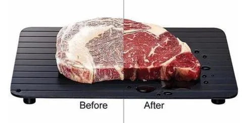 Black aluminium kitchen defrosting tray for thawing frozen meat and food without electricity
