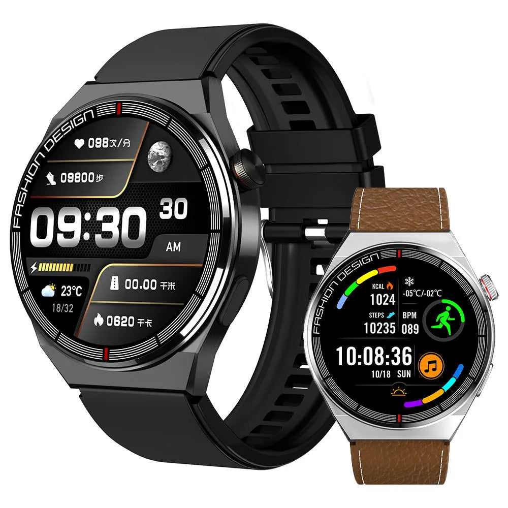 Black and silver smartwatch with a 1.28-inch screen on a silicone strap, showing heart rate and call functions.