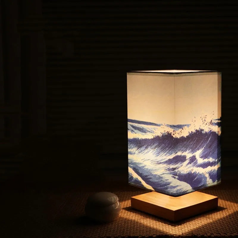 Solid wood bedside lamp with cloth lampshade on wooden table wood colour finish