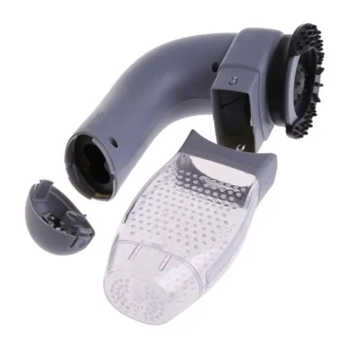Grey handheld pet hair vacuum cleaner with soft rubber grooming brush head