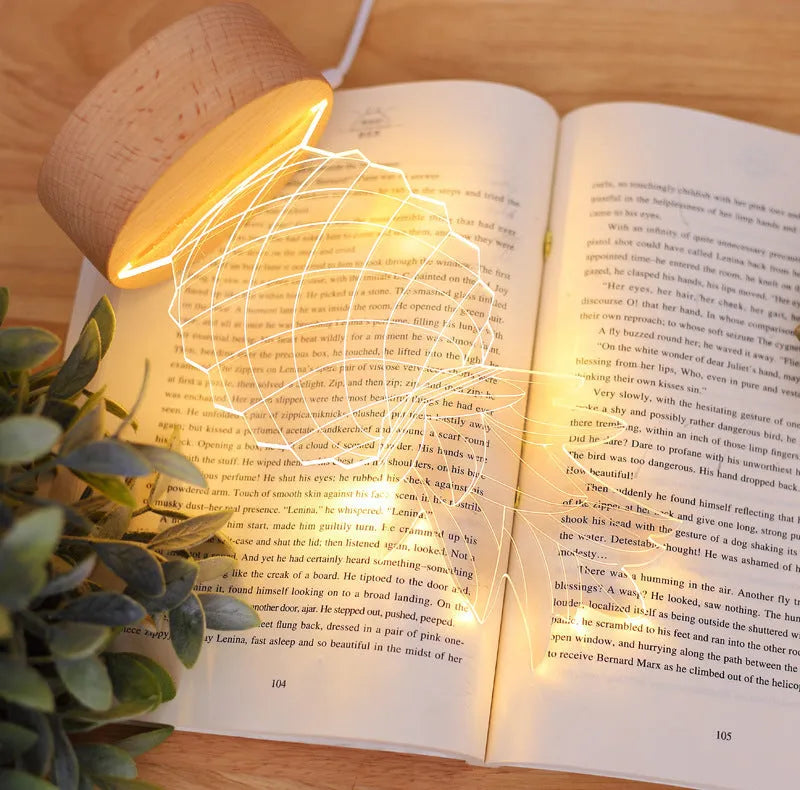 Cartoon pineapple-shaped bedside night light with wooden base and acrylic shade, showing dimmer switch and USB cable.