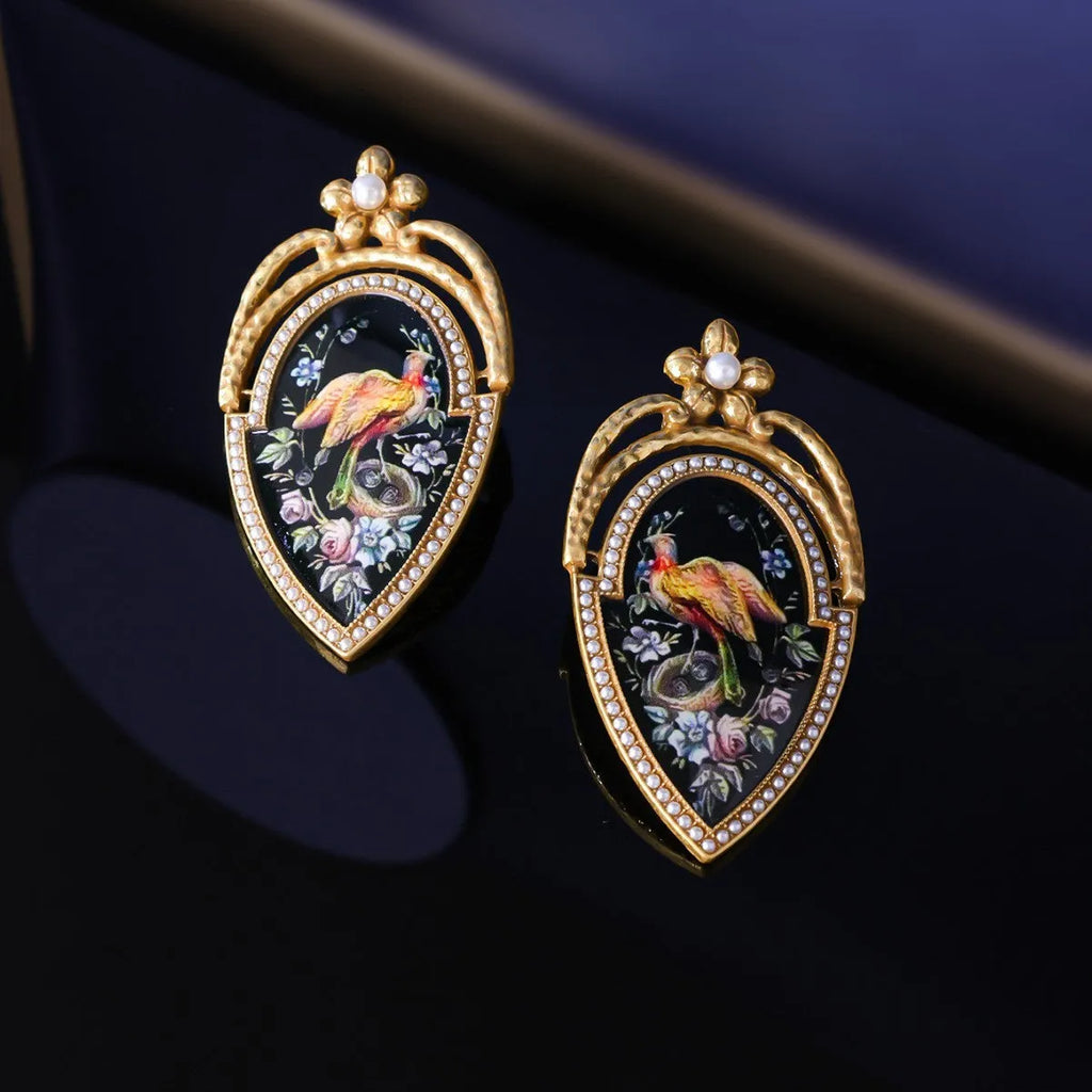 Vintage peacock oil earrings, 18K gold plated copper alloy with enamel painted peacock design, ear drops 6.3 x 3.3cm