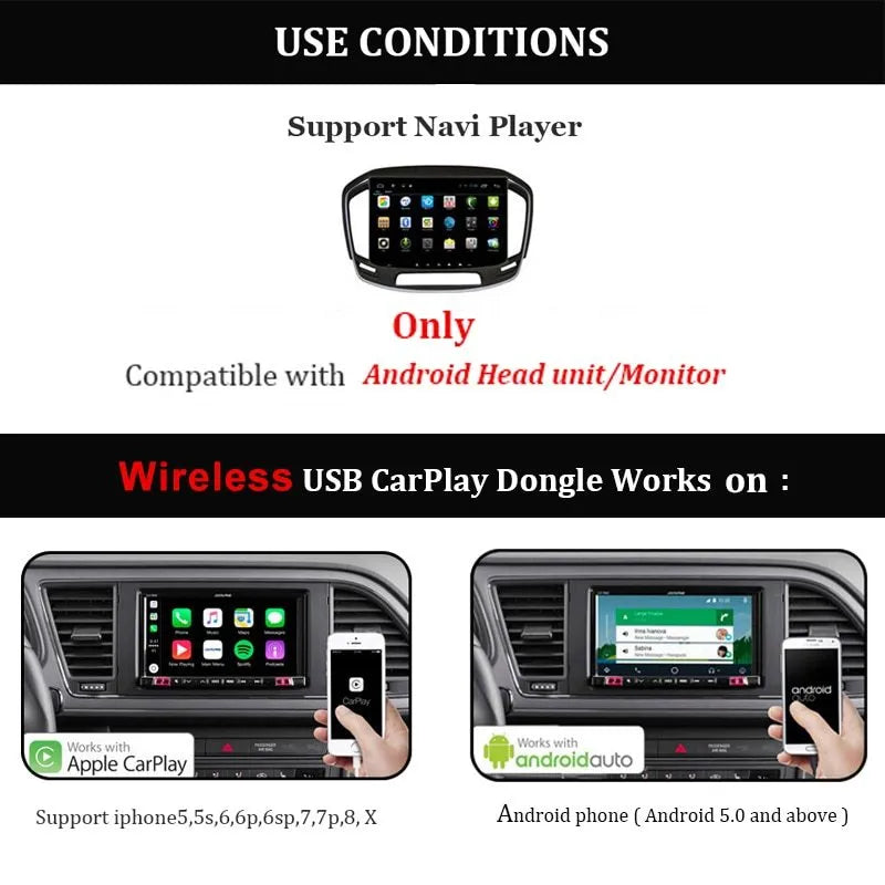 Black Wireless CarPlay USB dongle adapter for connecting iPhone to car navigation screen.