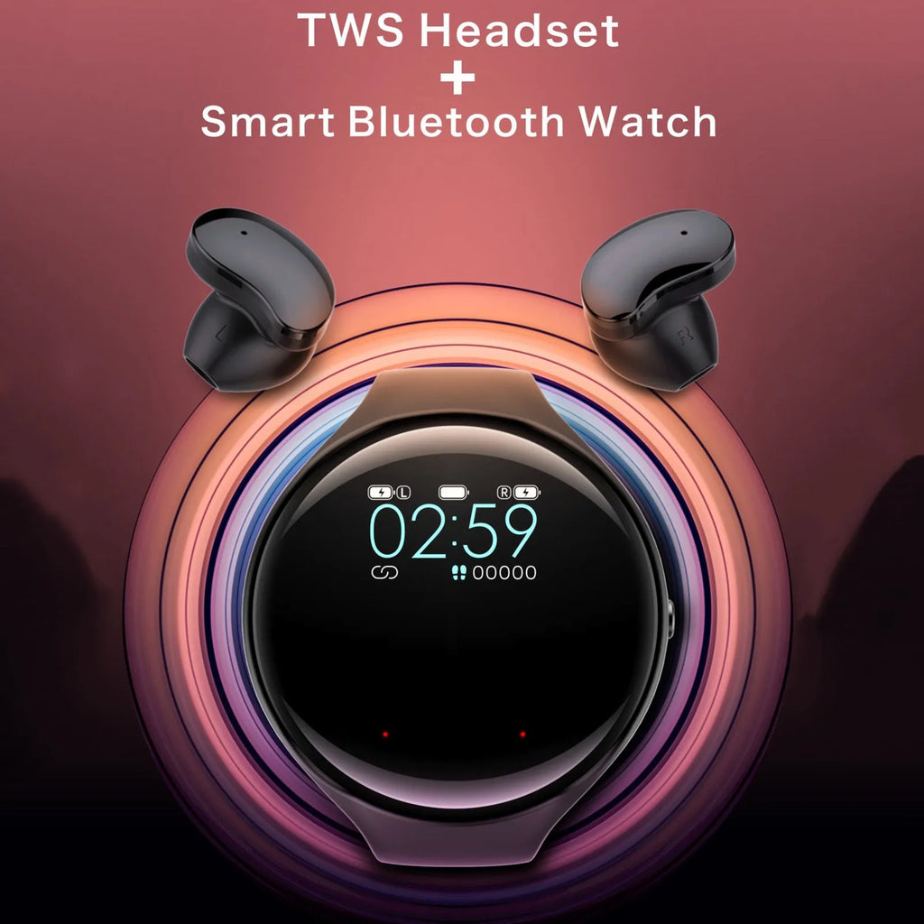 Black Bluetooth headset integrated with detachable smart bracelet showing colour screen display