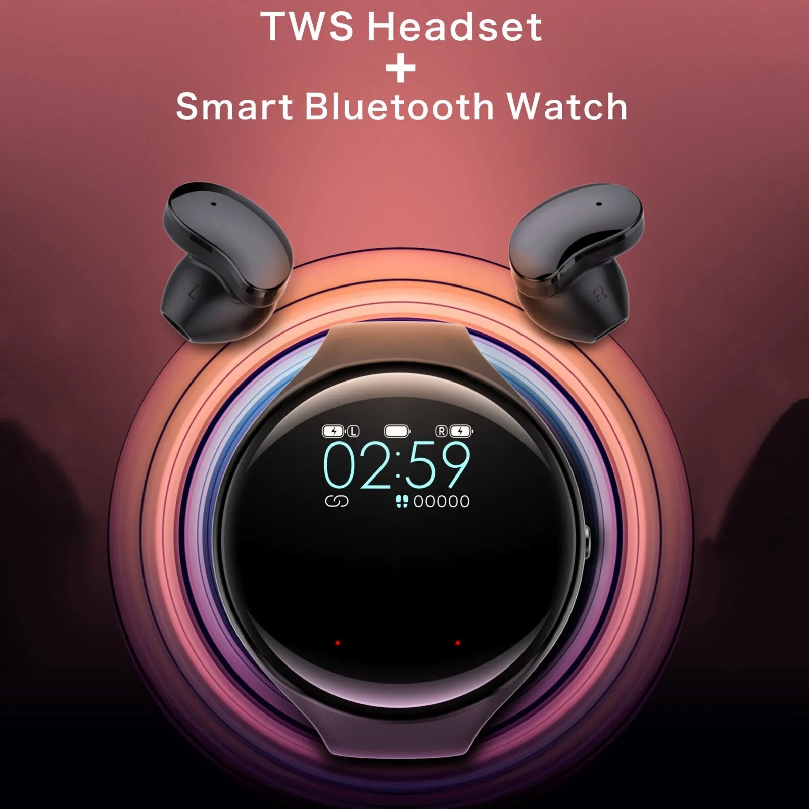 Black Bluetooth headset integrated with detachable smart bracelet showing colour screen display