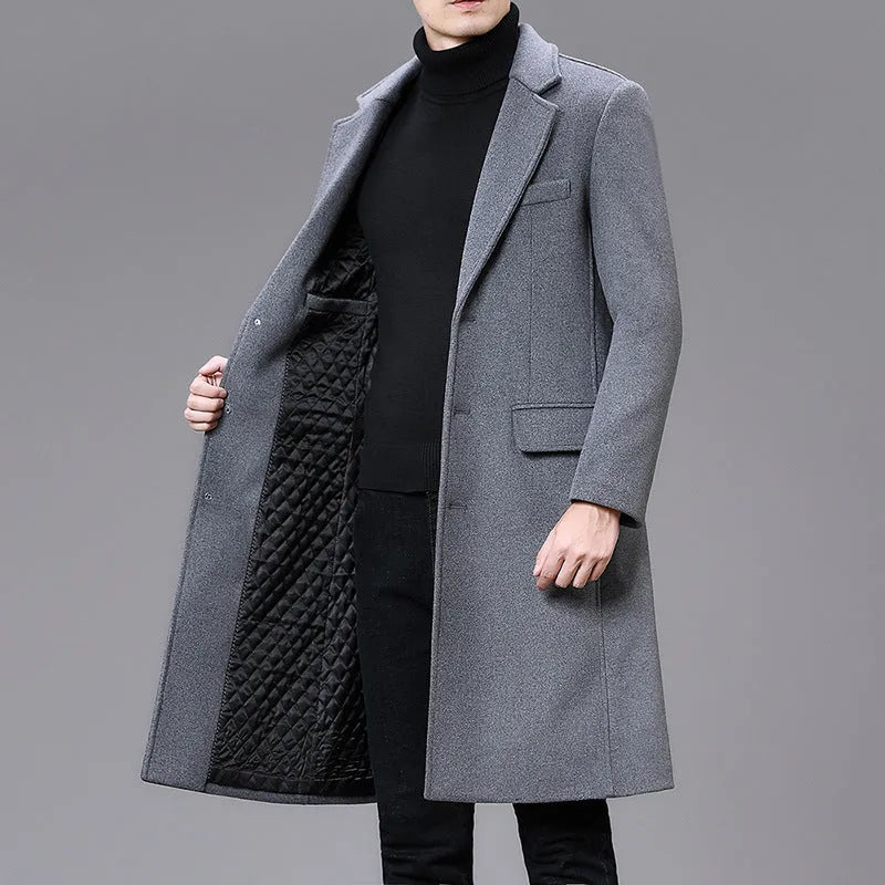 Men's plus size long coat with lapel collar in black, loose fit polyester outerwear