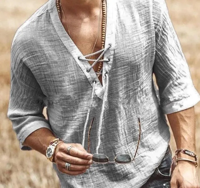 Men's V-neck T-shirt with chest straps and eyelets, loose fit, plain cotton top in black
